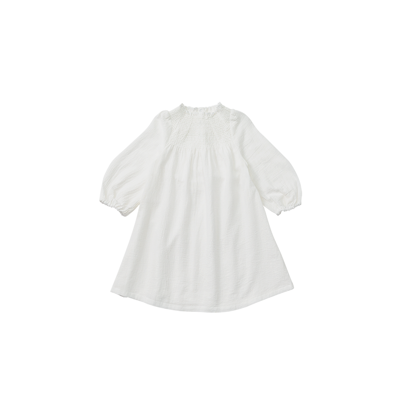 キッズ用の長袖の白色ワンピース ドレス 1 shirring white